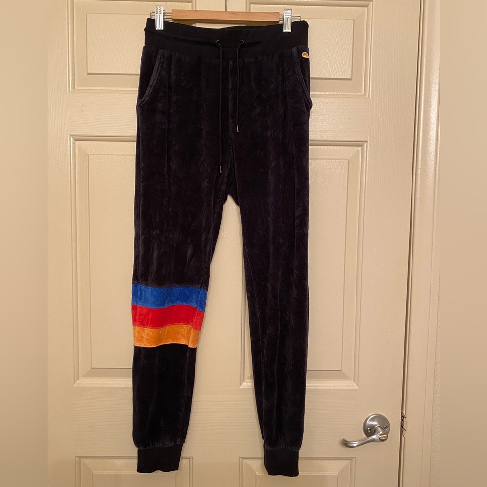 C&C California Black Track Joggers with Blue, Red & Orange Stripes